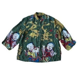 Citron‎ Santa Monica Dragon Lotus Asian Printed Silk Shirt Olive Green Large